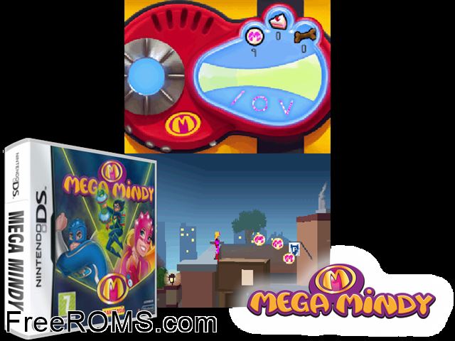 Mega Mindy Europe NDS game showing 3D box cover and gameplay screenshot