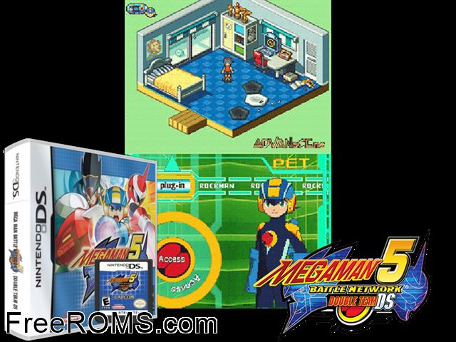 MegaMan Battle Network 5 - Double Team DS Europe NDS game showing 3D box cover and gameplay screenshot