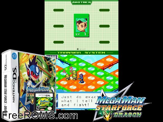 MegaMan Star Force - Dragon Europe NDS game showing 3D box cover and gameplay screenshot