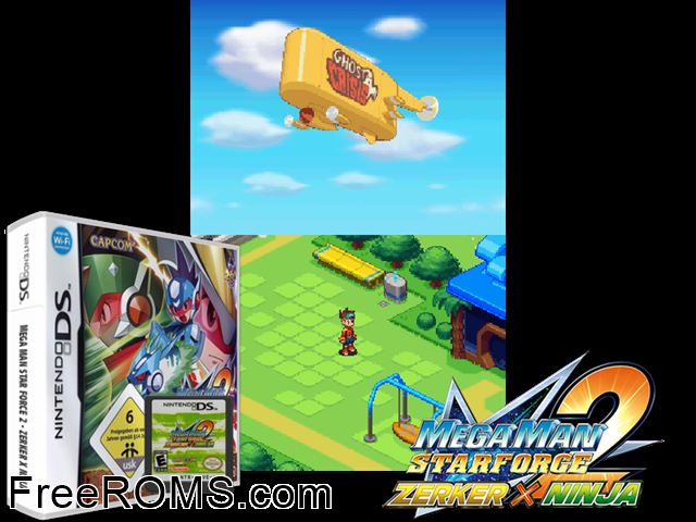 MegaMan Star Force 2 - Zerker x Ninja Europe NDS game showing 3D box cover and gameplay screenshot