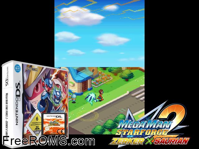Megaman Star Force 2 - Zerker x Saurian Europe NDS game showing 3D box cover and gameplay screenshot