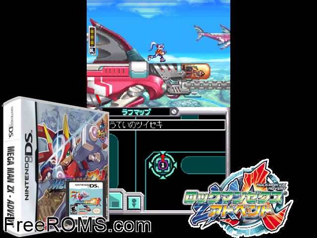 MegaMan ZX Advent Europe NDS game showing 3D box cover and gameplay screenshot