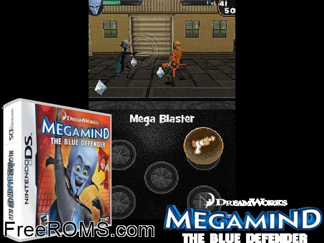 Megamind - The Blue Defender NDS game showing 3D box cover and gameplay screenshot