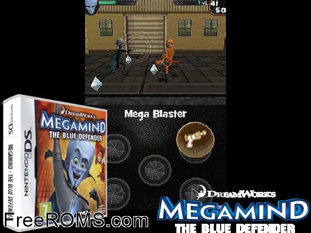 Megamind - The Blue Defender Europe NDS game showing 3D box cover and gameplay screenshot