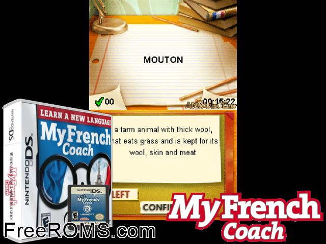 Mein Franzoesisch Coach - Verbessere Dein Franzoesisch Europe NDS game showing 3D box cover and gameplay screenshot