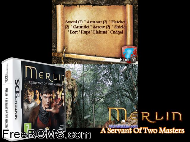 Merlin A Servant Of Two Masters Europe NDS game showing 3D box cover and gameplay screenshot