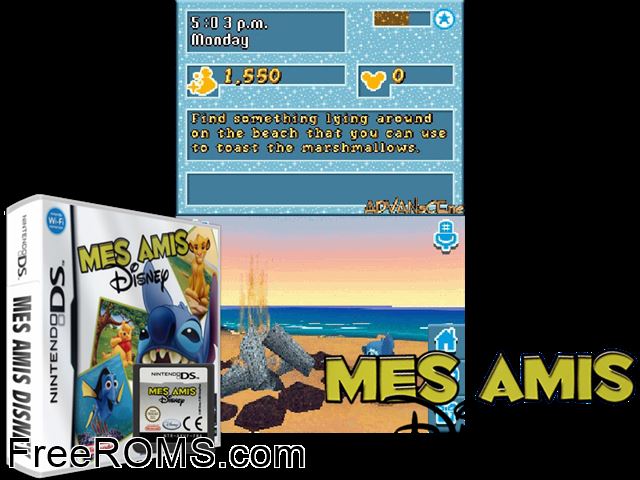 Mes amis Disney France NDS game showing 3D box cover and gameplay screenshot