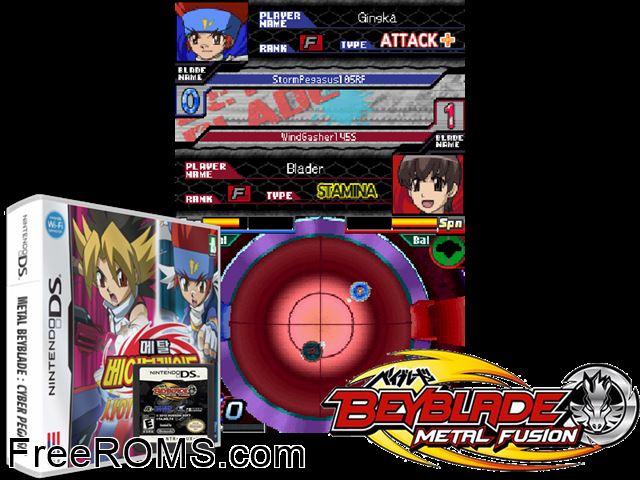 Metal Fight BeyBlade - Cyber Pegasis Korea NDS game showing 3D box cover and gameplay screenshot