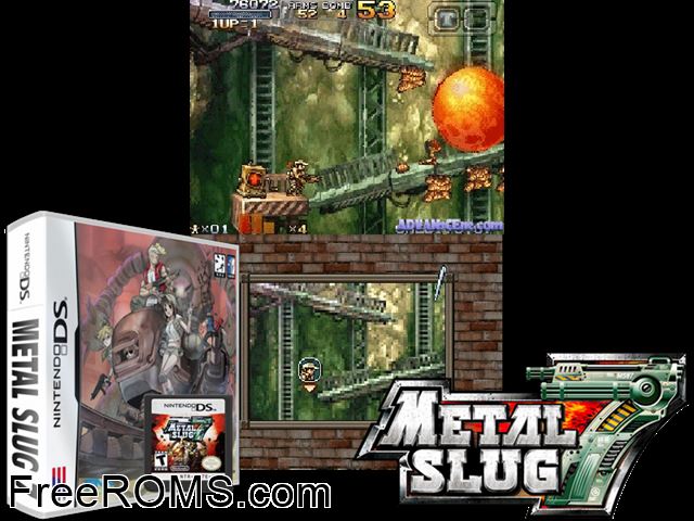 Metal Slug 7 NDS game showing 3D box cover and gameplay screenshot