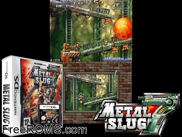 Metal Slug 7 Europe NDS game showing 3D box cover and gameplay screenshot