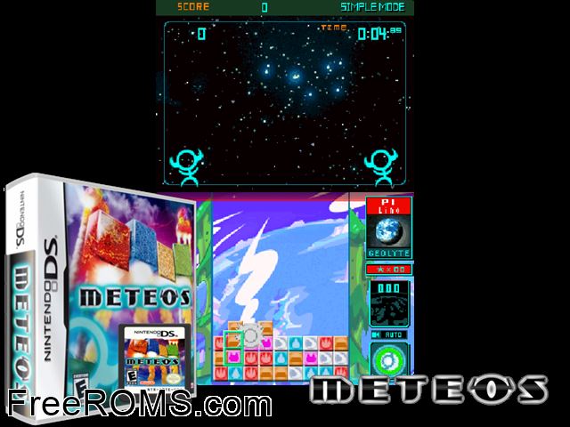Meteos NDS game showing 3D box cover and gameplay screenshot