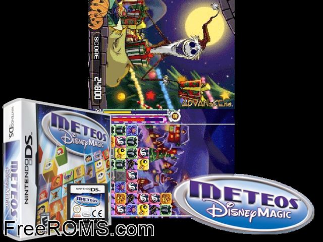 Meteos - Disney Magic NDS game showing 3D box cover and gameplay screenshot