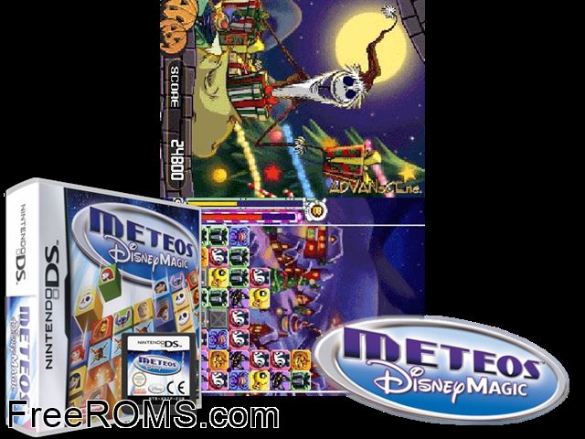 Meteos - Disney Magic Europe NDS game showing 3D box cover and gameplay screenshot