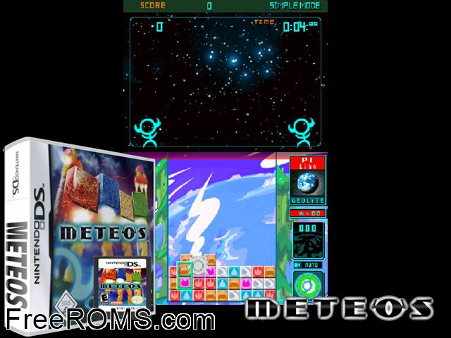 Meteos Europe NDS game showing 3D box cover and gameplay screenshot