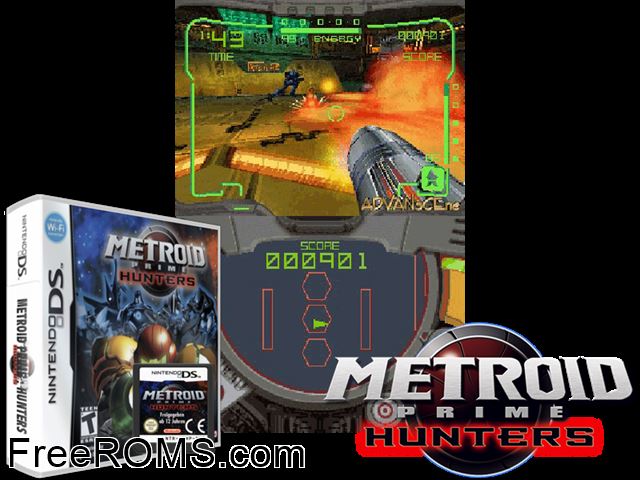 Metroid Prime Hunters NDS game showing 3D box cover and gameplay screenshot