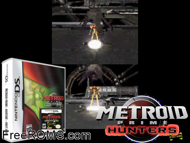 Metroid Prime Hunters First Hunt NDS game showing 3D box cover and gameplay screenshot