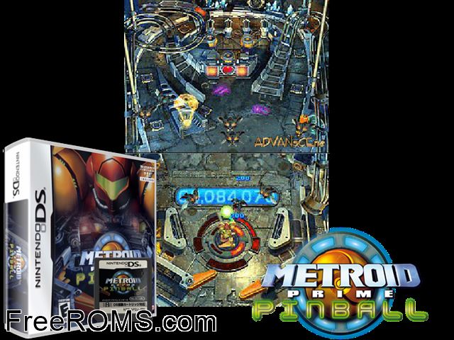 Metroid Prime Pinball NDS game showing 3D box cover and gameplay screenshot