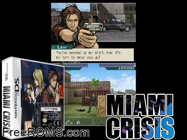 Miami Crisis Europe NDS game showing 3D box cover and gameplay screenshot