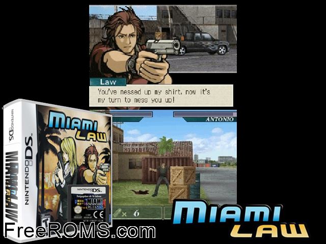 Miami Law NDS game showing 3D box cover and gameplay screenshot