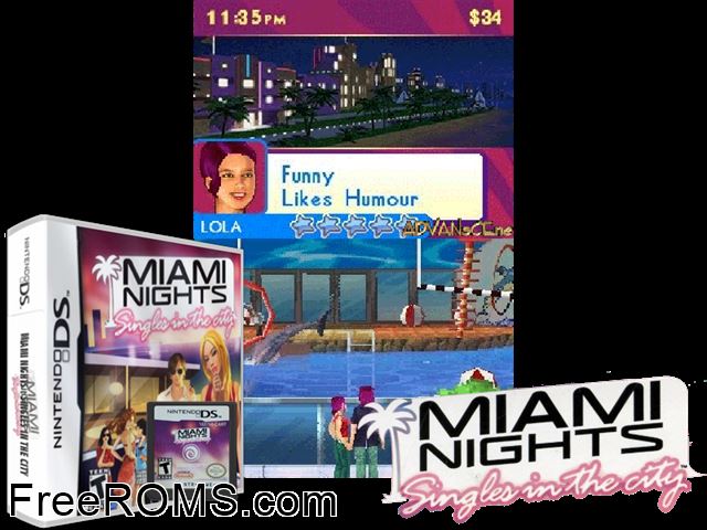 Miami Nights - Singles in the City Europe NDS game showing 3D box cover and gameplay screenshot