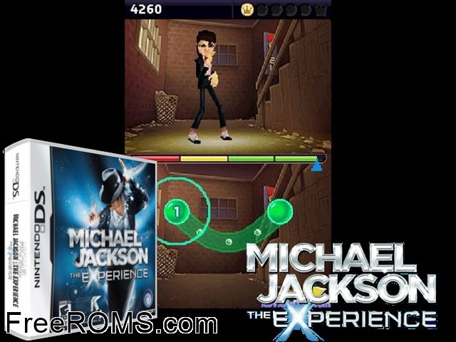 Michael Jackson - The Experience NDS game showing 3D box cover and gameplay screenshot