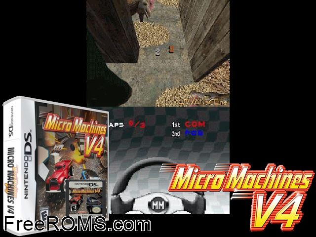 Micro Machines V4 NDS game showing 3D box cover and gameplay screenshot