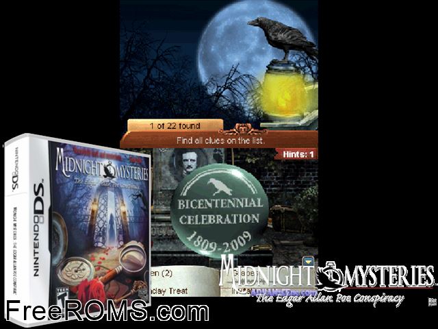 Midnight Mysteries The Edgar Allan Poe Conspiracy v1.1 Europe NDS game showing 3D box cover and gameplay screenshot