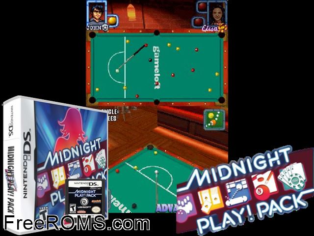 Midnight Play! Pack NDS game showing 3D box cover and gameplay screenshot