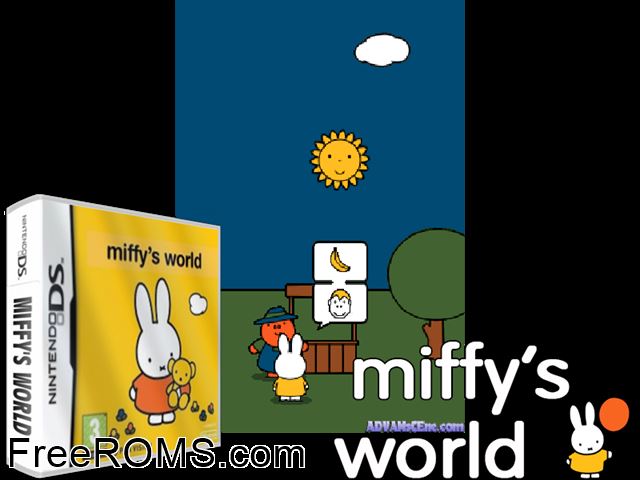 Miffys World Europe NDS game showing 3D box cover and gameplay screenshot