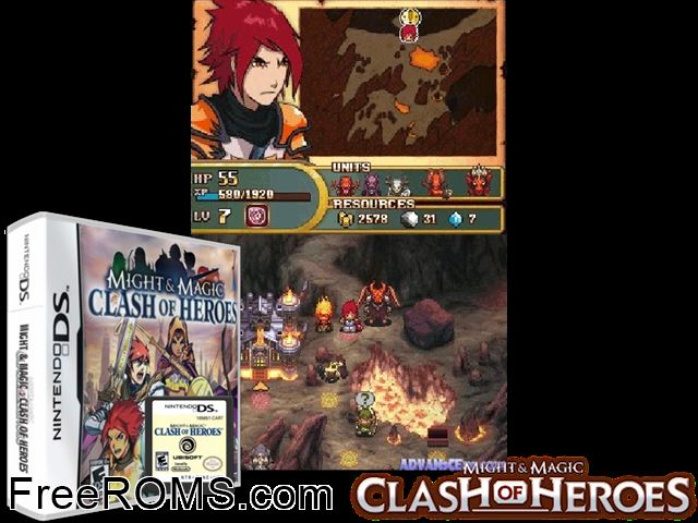 Might and Magic - Clash of Heroes Europe NDS game showing 3D box cover and gameplay screenshot