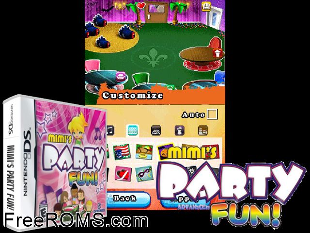 Mimis Party Fun NDS game showing 3D box cover and gameplay screenshot