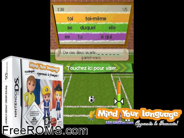 Mind Your Language - Apprends le Francais! Europe NDS game showing 3D box cover and gameplay screenshot