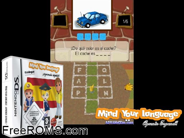 Mind Your Language - Aprende Espanol! Europe NDS game showing 3D box cover and gameplay screenshot