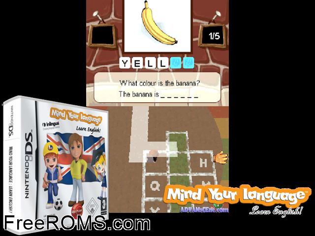 Mind Your Language - Learn English! Europe NDS game showing 3D box cover and gameplay screenshot