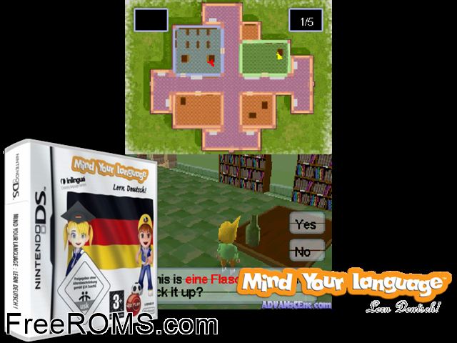 Mind Your Language - Lern Deutsch! Europe NDS game showing 3D box cover and gameplay screenshot