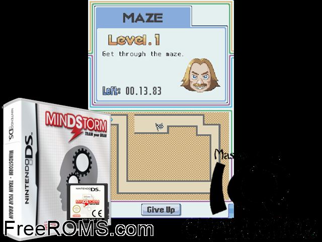 MinDStorm - Train your Brain Europe NDS game showing 3D box cover and gameplay screenshot