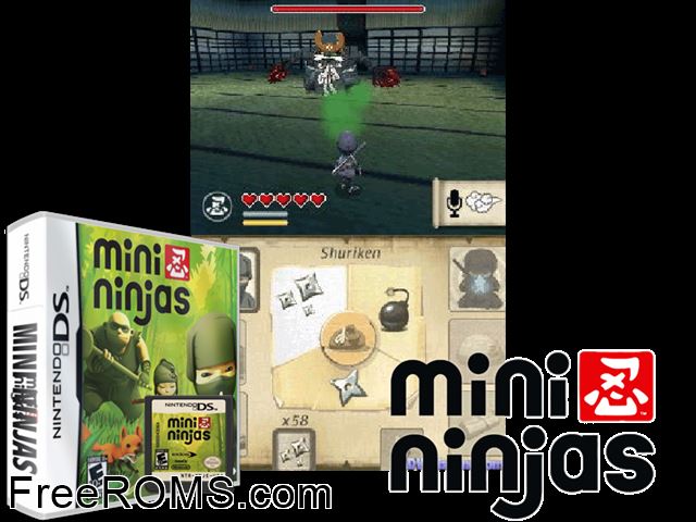 Mini Ninjas Europe NDS game showing 3D box cover and gameplay screenshot
