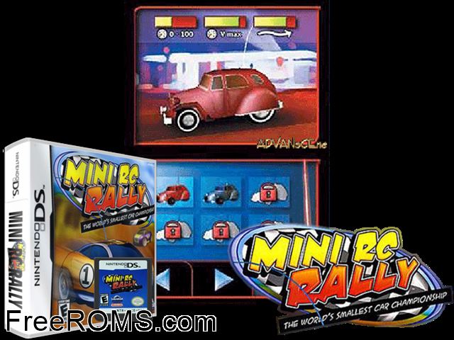 Mini RC Rally NDS game showing 3D box cover and gameplay screenshot