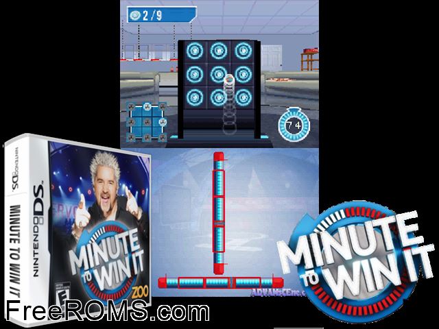 Minute to Win it NDS game showing 3D box cover and gameplay screenshot
