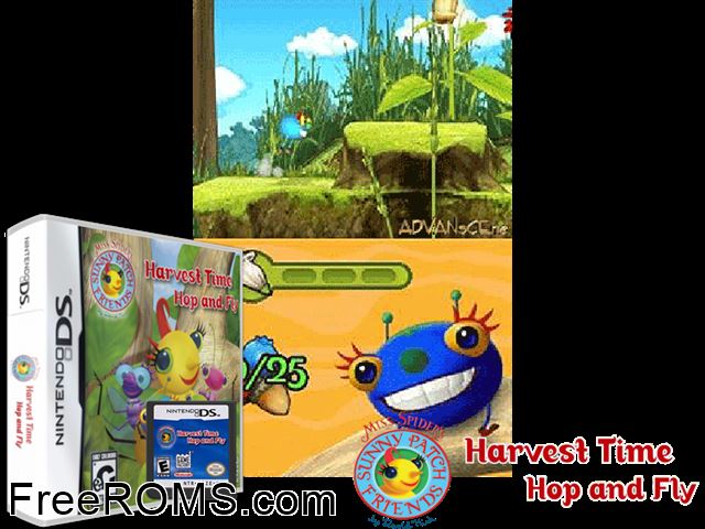 Miss Spiders Sunny Patch Friends - Harvest Time Hop and Fly NDS game showing 3D box cover and gameplay screenshot