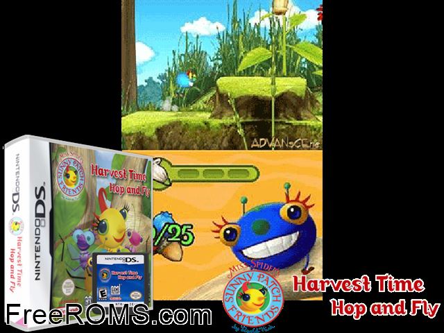 Miss Spiders Sunny Patch Friends - Harvest Time Hop and Fly Europe NDS game showing 3D box cover and gameplay screenshot
