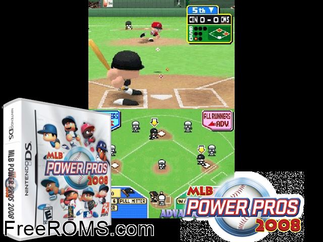 MLB Power Pros 2008 NDS game showing 3D box cover and gameplay screenshot