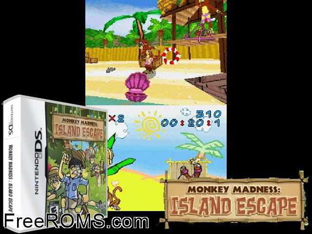 Monkey Madness Island Escape NDS game showing 3D box cover and gameplay screenshot