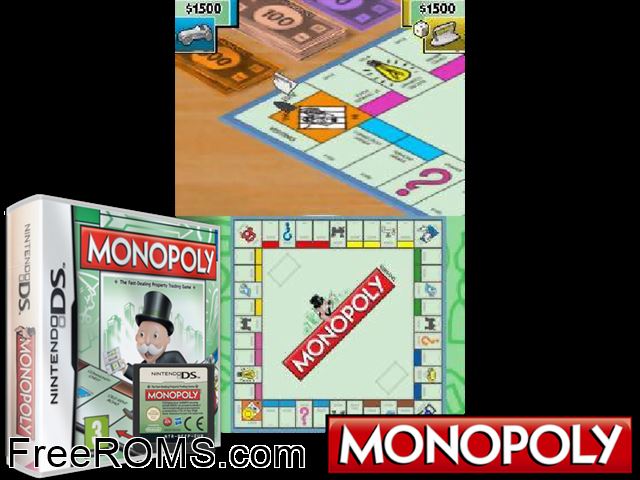 Monopoly Europe NDS game showing 3D box cover and gameplay screenshot