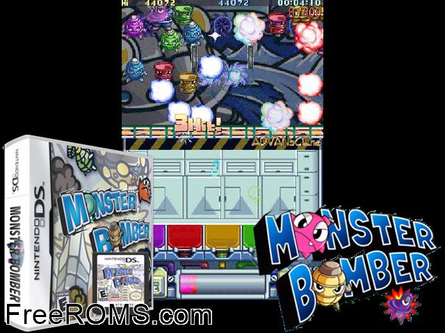 Monster Bomber Europe NDS game showing 3D box cover and gameplay screenshot