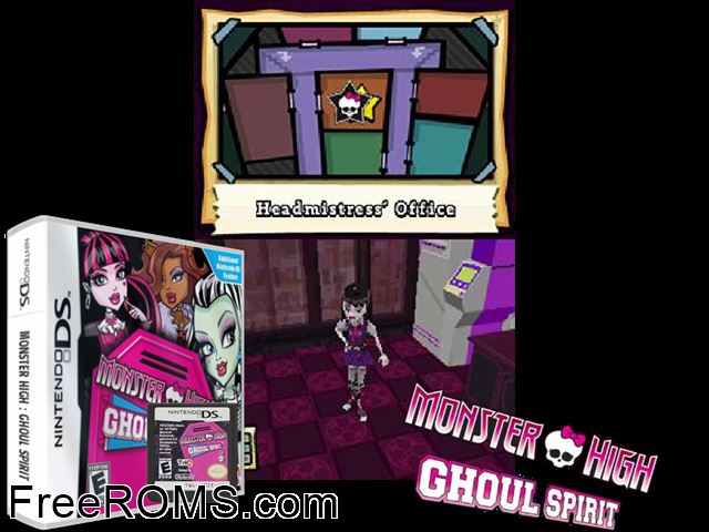 Monster High - Ghoul Spirit NDS game showing 3D box cover and gameplay screenshot