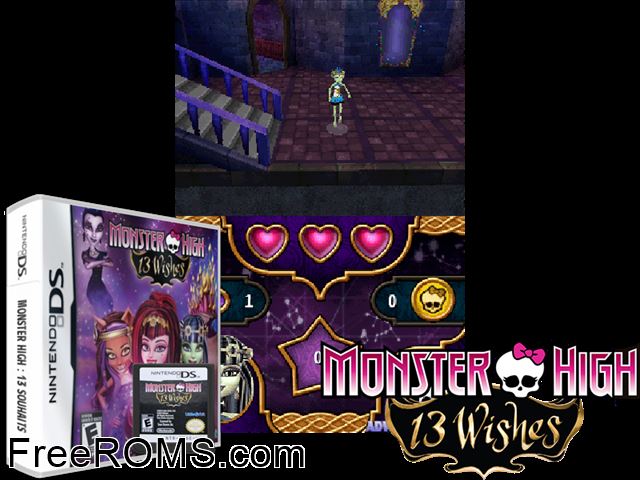 Monster High 13 Wishes NDS game showing 3D box cover and gameplay screenshot