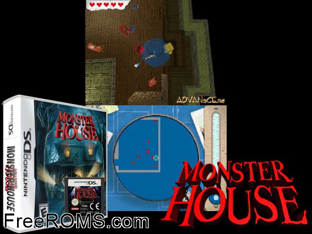 Monster House Europe NDS game showing 3D box cover and gameplay screenshot