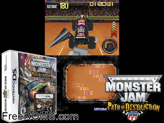 Monster Jam - Path of Destruction NDS game showing 3D box cover and gameplay screenshot