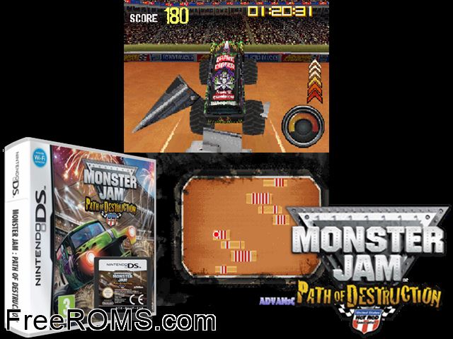 Monster Jam - Path of Destruction Europe NDS game showing 3D box cover and gameplay screenshot